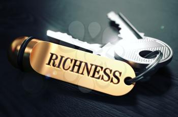 Keys and Golden Keyring with the Word Richness over Black Wooden Table with Blur Effect. Toned Image.