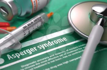Asperger syndrome - Printed Diagnosis on Green Background and Medical Composition - Stethoscope, Pills and Syringe. Medical Concept. Blurred Image.