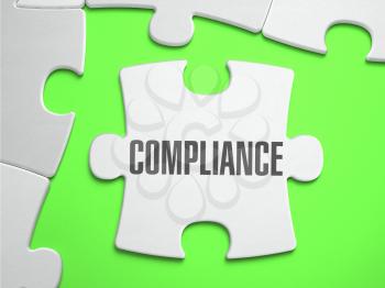 Compliance - Jigsaw Puzzle with Missing Pieces. Bright Green Background. Closeup. 3d Illustration.