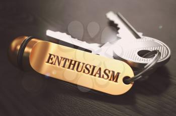 Enthusiasm Concept. Keys with Golden Keyring on Black Wooden Table. Closeup View, Selective Focus, 3D Render. Toned Image.