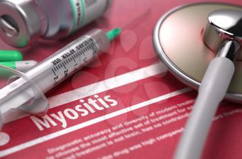 Myositis - Medical Concept on Red Background with Blurred Text and Composition of Pills, Syringe and Stethoscope.