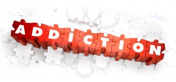 Addiction - White Word on Red Puzzles on White Background. 3D Illustration.