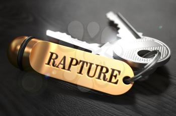 Keys with Word Rapture on Golden Label over Black Wooden Background. Closeup View, Selective Focus, 3D Render.
