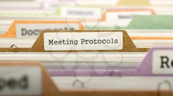 Meeting Protocols - Folder Register Name in Directory. Colored, Blurred Image. Closeup View.