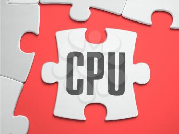 CPU - Central Processing Unit - Text on Puzzle on the Place of Missing Pieces. Scarlett Background. Close-up. 3d Illustration.