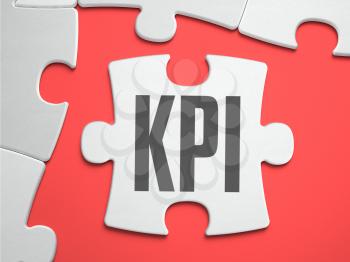 KPI - Key Performance Indicators - Text on Puzzle on the Place of Missing Pieces. Scarlett Background. Close-up. 3d Illustration.