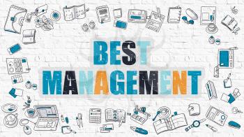 Best Management Concept. Modern Line Style Illustation. Multicolor Best Management Drawn on White Brick Wall. Doodle Icons. Doodle Design Style of  Best Management  Concept.