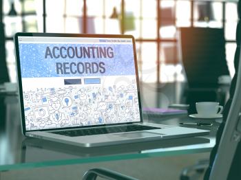 Accounting Records Concept - Closeup on Landing Page of Laptop Screen in Modern Office Workplace. Toned Image with Selective Focus. 3d Render.