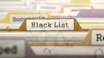 Black List Concept on Folder Register in Multicolor Card Index. Closeup View. Selective Focus. 3d Render.