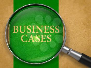 Business Cases through Lens on Old Paper with Green Vertical Line Background. 3d Render.