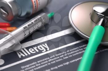Diagnosis - Allergy. Medical Concept with Blurred Text, Stethoscope, Pills and Syringe on Grey Background. Selective Focus. 3d Render.