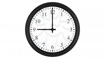 Realistic 3D render of a wall clock set at 9 o'clock, isolated on a white background.
