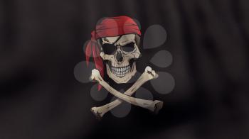 A 3D rendered still of a Jolly Roger pirate flag with bandana and eyepatch, waving and rippling in the wind. Also available as loopable animated version in my portfolio.