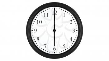Realistic 3D render of a wall clock set at 6 o'clock, isolated on a white background.