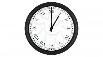 Realistic 3D render of a wall clock with Roman numerals set at 1 o'clock, isolated on a white background.