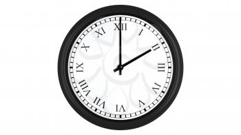 Realistic 3D render of a wall clock with Roman numerals set at 2 o'clock, isolated on a white background.