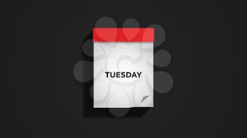 Red weekly calendar on a dark gray wall, showing Tuesday. Digital illustration.