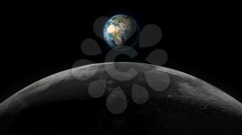 Planet Earth rising over the Moon horizon, in full view on a black background. Digital 3D illustration. Elements of this illustration are furnished by NASA.