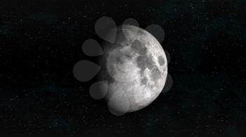 The Moon in waxing gibbous phase on a background of stars. Digital illustration. Moon texture is public domain provided by NASA.