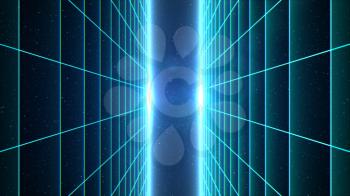 Vertical matrix grid tunnel in space with stars in the background. Cyan version.
