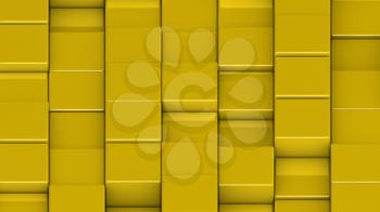 Grid of yellow cubes in a randomized pattern. Medium shot. 3D computer generated background image.