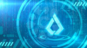 Lisk symbol on a cyan background with HUD elements related to computer technology.