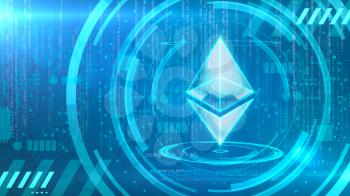 Ethereum symbol on a cyan background with HUD elements related to computer technology.