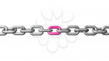 A single pink colored link in a chain. Conceptual image depicting being unique and standing out. LGBT pride concept. 3D rendered illustration. Horizontal version.