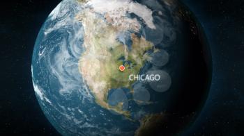 3D illustration depicting the location of Chicago, Illinois in the United States of America, on a globe seen from space.