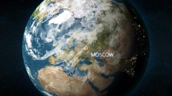 3D illustration depicting the location of Moscow, capital of Russia, on a globe seen from space.