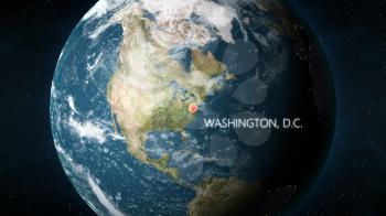 3D illustration depicting the location of Washington, D.C., capital of United States of America, on a globe seen from space.