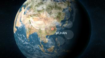 3D illustration depicting the location of Wuhan, the capital of province Hubei, China, on a globe seen from space. Wuhan is known for the 2019 and 2020 coronavirus outbreak.
