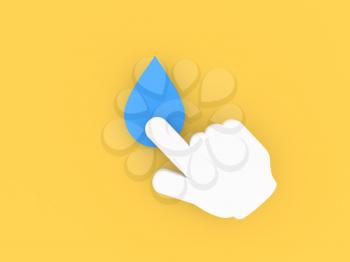 The hand presses a drop of water. 3d render illustration.