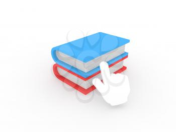 Hand presses the book on a white background. 3d render illustration.