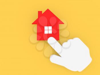 Cursor hand clicking on the house icon. 3d render illustration.