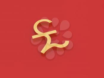Gold pound sterling symbol on a red background. 3d render illustration.