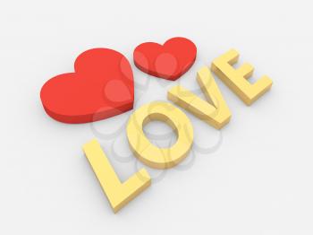 Two hearts and an inscription love on a white background. 3d render illustration.