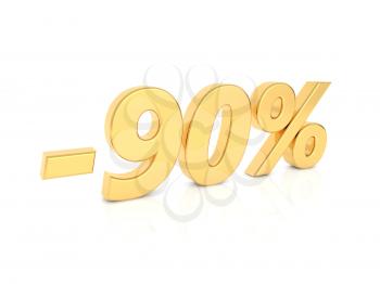 Discount - 90 percent gold numbers on a white background. 3d render illustration.