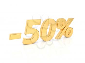 Discount - 50 percent gold numbers on a white background. 3d render illustration.