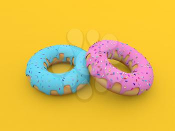 Colored donuts on a yellow background. 3d render illustration.
