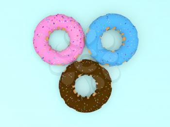 Three colored donuts on a blue background. 3d render illustration.