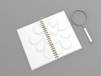 Notepad and magnifying glass layout on a gray background. 3d render illustration.