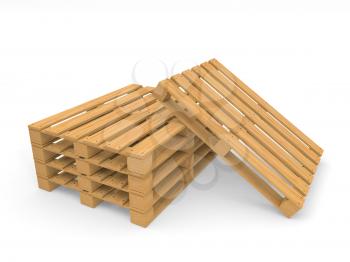 A stack of wooden pallets on a white background. 3d render illustration.