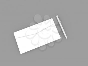 White envelope and pen mockup on gray background. 3d render illustration.