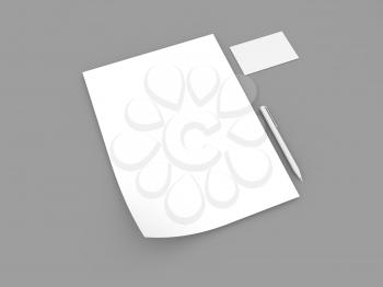 White A4 paper sheet business card and pen on a gray background. 3d render illustration.
