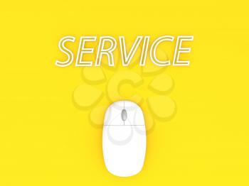 Computer mouse and service on a yellow background. 3d render illustration.