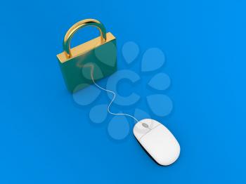 Padlock and computer mouse on a blue background. 3d render illustration.