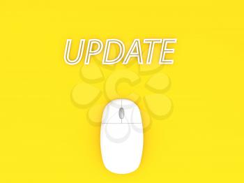 Update and computer mouse on a yellow background. 3d render illustration.