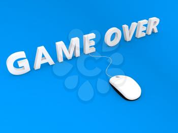 Computer mouse and game over on a blue background. 3d render illustration.