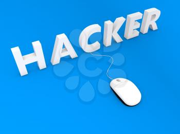Computer mouse and hacker on a blue background. 3d render illustration.
